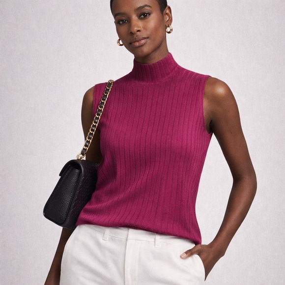 Lafayette 148 New York Tops - Lafayette  148 Elegant Ribbed Mock Neck Sleeveless Top | Magenta
